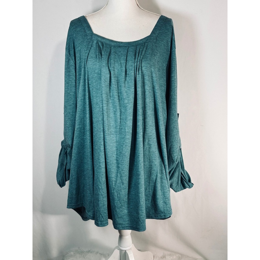 Siddhe Teal Blue Heathered Square Neck Pleated Roll Tab Sleeve‎ Tunic Top 5XL
